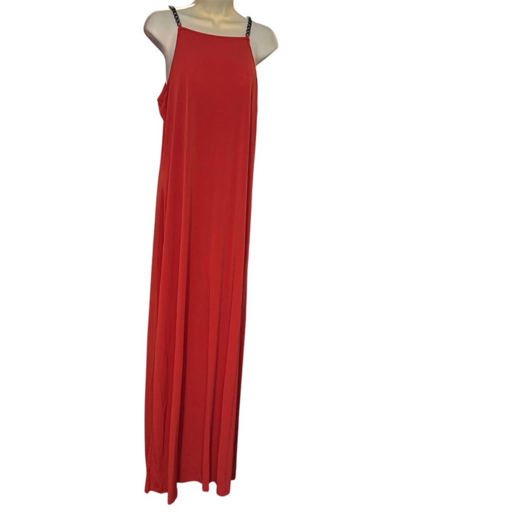 Michael‎ Kors DRK Persimmon red Maxi dress sz XL halter chain-strap pull-on new